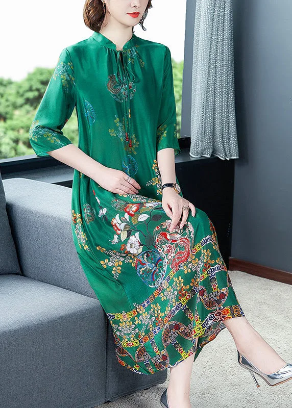 backless dressDinner Green Stand Collar Neck Tie Print Silk Maxi Dresses Long Sleeve