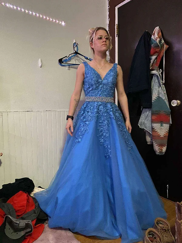 Price Blitz evening dressevening dressA Line V Neck Blue Lace Long Prom Dresses with Belt, Beaded Blue Lace Formal Graduation Evening Dresses SP3096