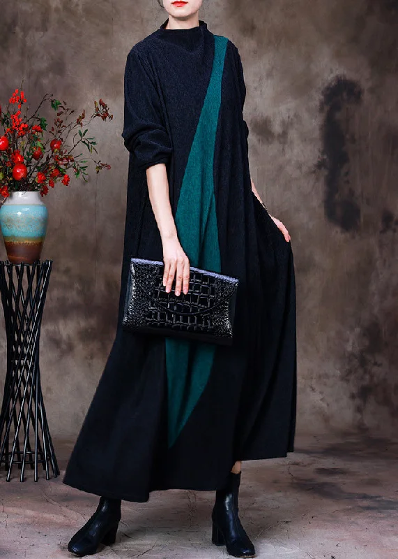 elegant evening dressRetro Green Stand Collar Patchwork Silk Ankle Dress Long Sleeve