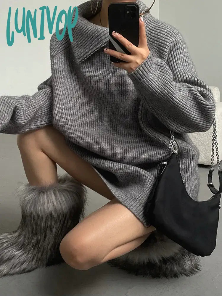 New Deals Lunivop Women's Turtleneck Zipper Oversize Fashion Women Sweaters Autumn Knitwears Loose Thick Warm High Neck Solid Pullovers Women