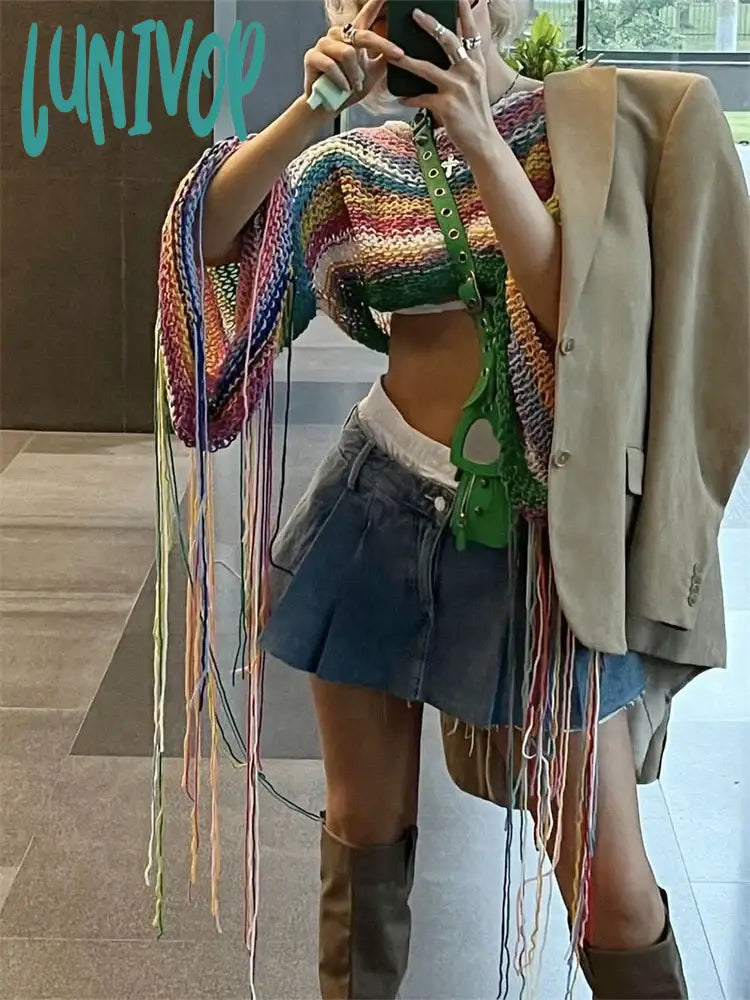 Clearance Event Lunivop Knitted Tassels Cover Ups For Swimwear Women Sexy Loose Rainbow Shirt Girls Sweater Holiday Fashion Crop Pullover Femme