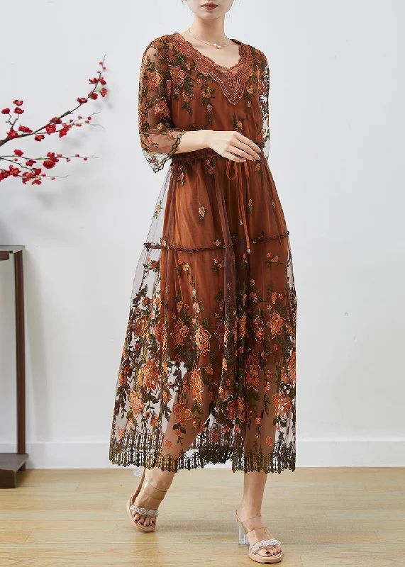 ruched dressHandmade Brown Embroidered Tulle Cinched Dress Summer