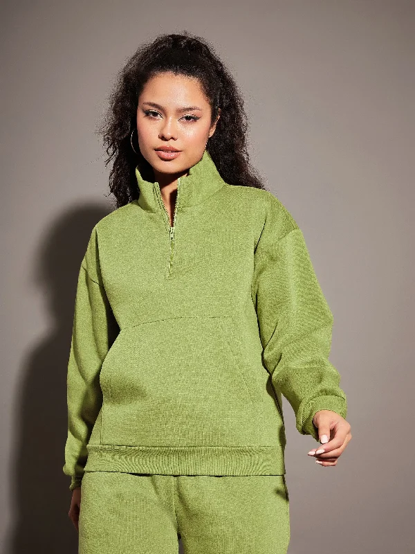 Deal Dash sleek sports hoodieWomen Olive Fleece Front Zipper Sweatshirt