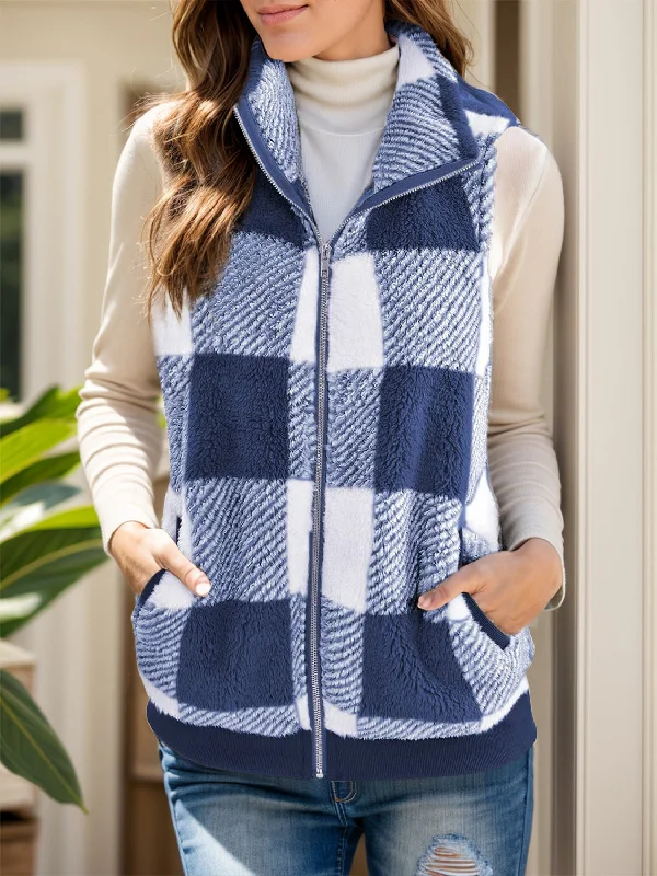 Daily Deals Full Size Pocketed Plaid Vest Coat