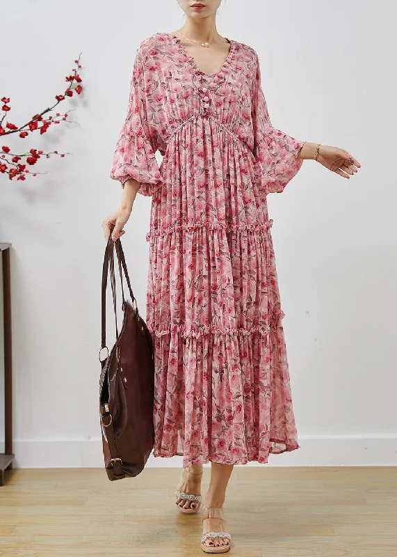 sophisticated dressBohemian Pink Ruffled Print Chiffon Maxi Dresses Lantern Sleeve