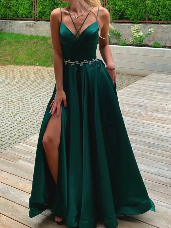 Price Reduction wrap dresswrap dressA Line V Neck Open Back Green Long Prom Dresses with High Slit, Long Green Formal Graduation Evening Dresses SP2836