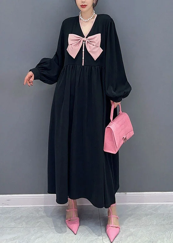 lace-up dressUnique Black V Neck Bow Patchwork Cotton Princess Dress Spring