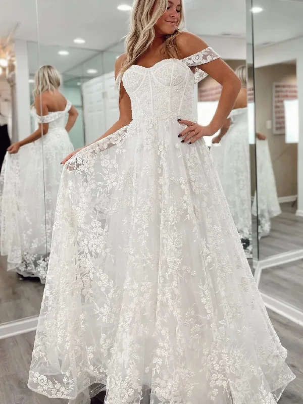 New Deals casual day dresscasual day dressOff Shoulder White Lace Long Prom Dresses, White Lace Wedding Dresses, Long White Formal Evening Dresses SP2639