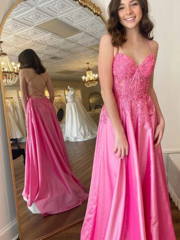 Seasonal Clearance vintage-inspired dressvintage-inspired dressA Line V Neck Backless Pink Lace Long Prom Dresses, Pink Lace Formal Dresses, Pink Evening Dresses SP2581