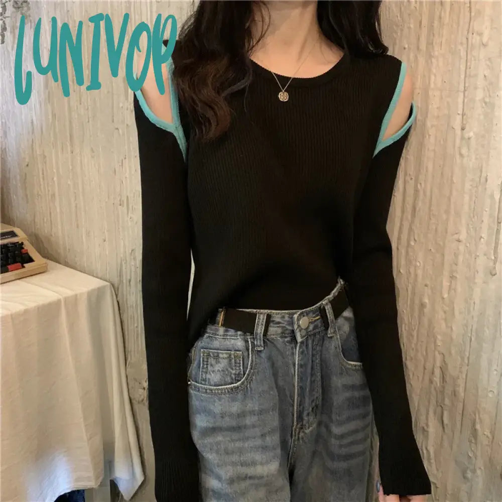 Super Sale Lunivop Fashion Off-the-shoulder Women's Pullover Tops Long-sleeve Autumn New Knitted Shirt Round Neck Female Sweater