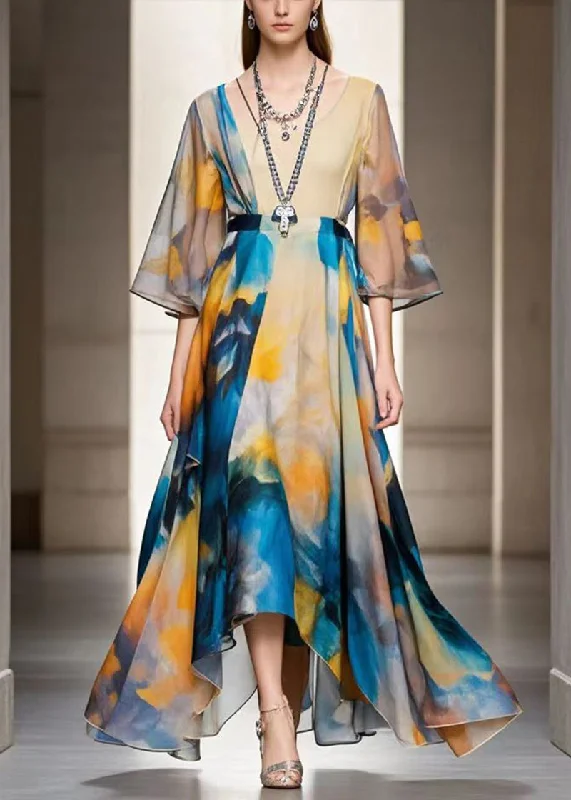 summer floral dressItalian Blue Tie Dye Exra Large Hem Chiffon Maxi Dresses Fall