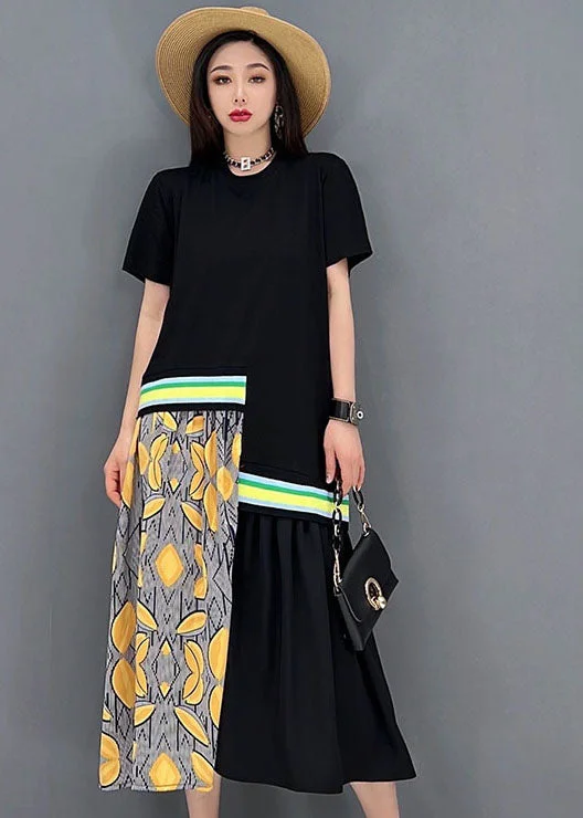 Price Cut sleek dresssleek dressBlack Patchwork Cotton Vacation Pleated Dresses O-Neck Print Short Sleeve