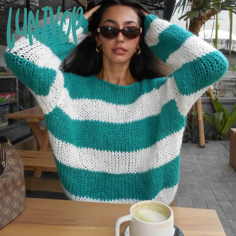 Online Only Lunivop Y2K Vintage Lounge Knitwear Casual Loose Fit Striped Sweater Autumn Winter O Neck Long Sleeve Pullover Tops Aesthetic Streetwear