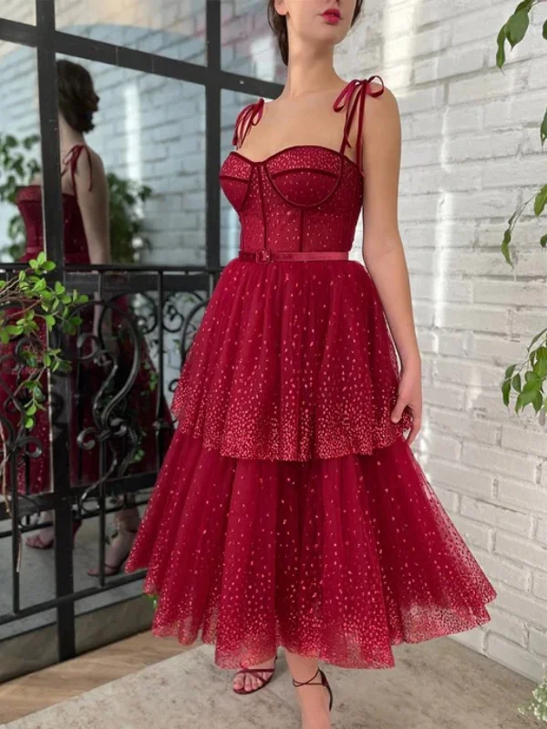 Exclusive Deal formal dressformal dressPretty Sweetheart Neck Burgundy Layered Tea Length Prom Dresses, Burgundy Homecoming Dresses, Formal Evening Dresses SP2665