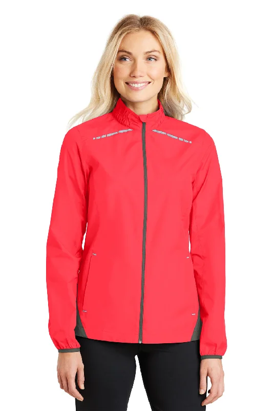 Today’s Deal street style coatPort Authority Womens Zephyr Reflective Hit Wind & Water Resistant Full Zip Jacket - Hot Coral Pink/Steel Grey - Closeout