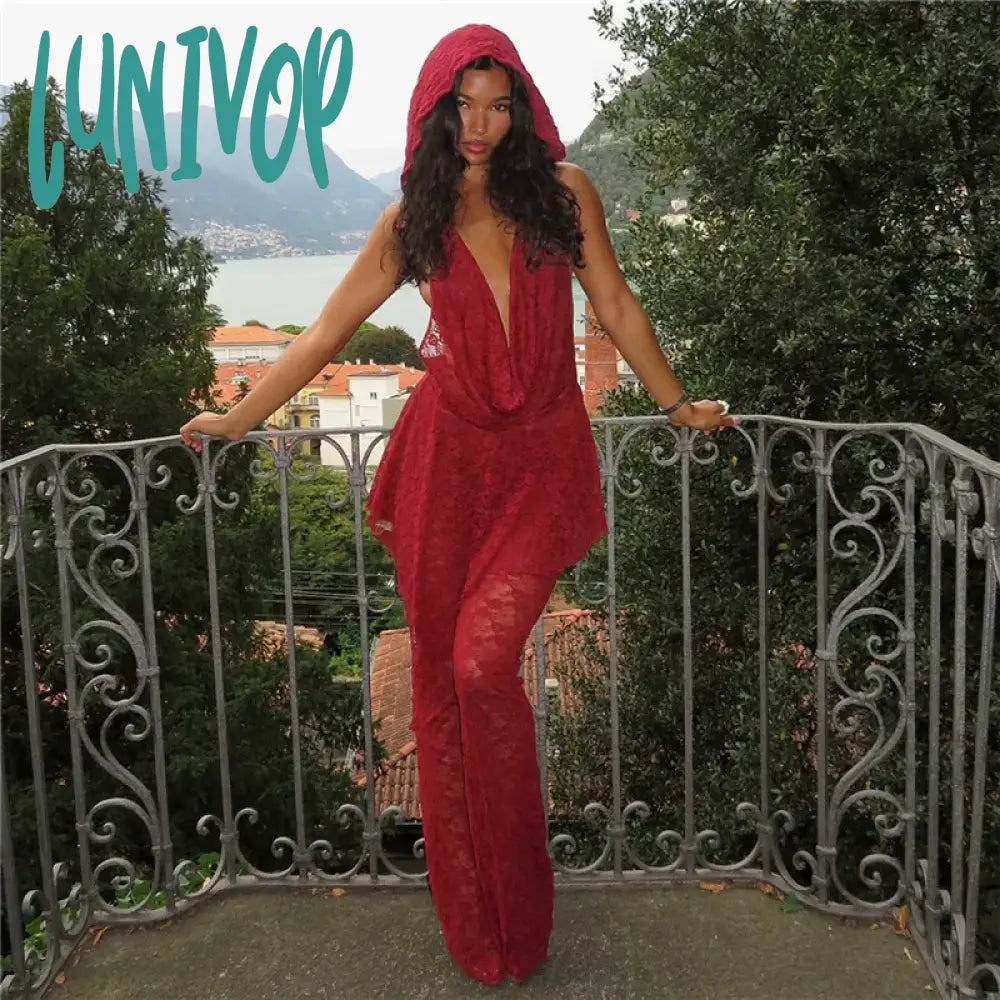 Stock Up and Save Lunivop See Through Lace Mesh Red 2 Piece Sets Hooded Backless Halter Top And Pants Y2k Sexy Night Out Outfits Matching Set