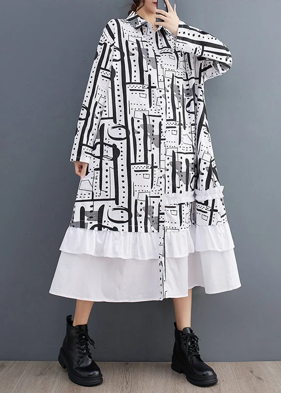 silk dressWhite Patchwork Cotton Dresses Ruffled Print Fall