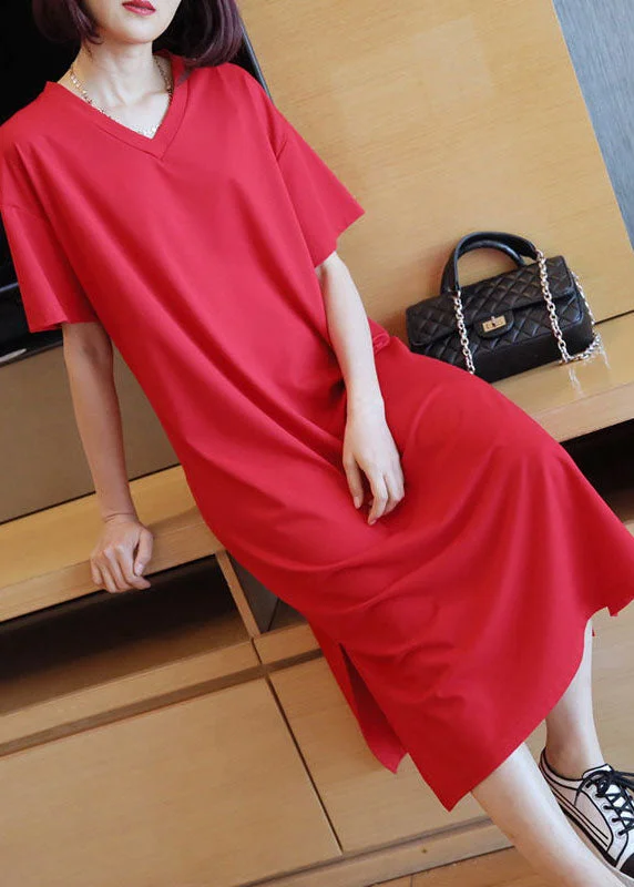 Instant Discount floral midi dressfloral midi dressRed Cotton Straight Dresses V Neck Side Open Summer