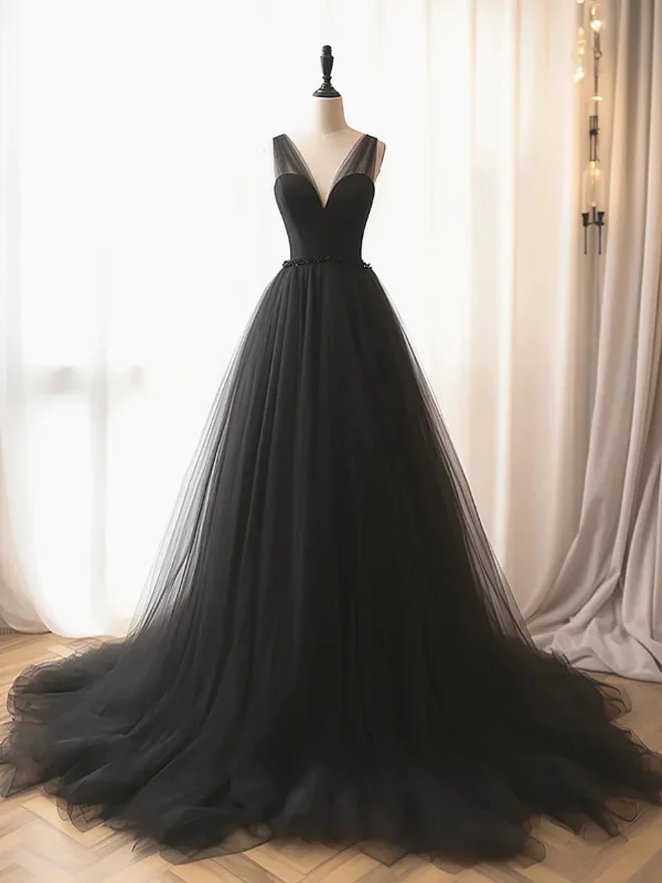 Today’s Deal formal dressformal dressA Line V Neck Black Tulle Long Prom Dresses, Long Black Formal Graduation Evening Dresses SP2917