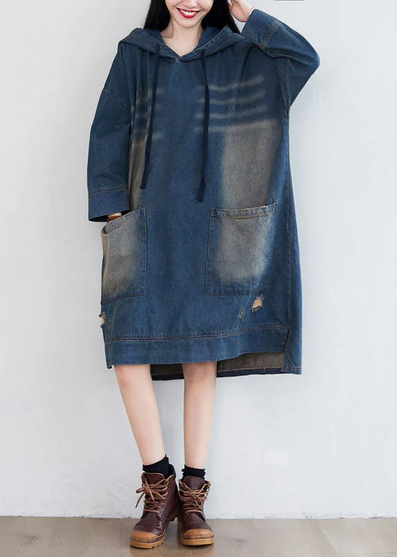 Early Access trendy wrap dresstrendy wrap dressWomen Navy Hooded Pockets Patchwork Denim Dresses Spring
