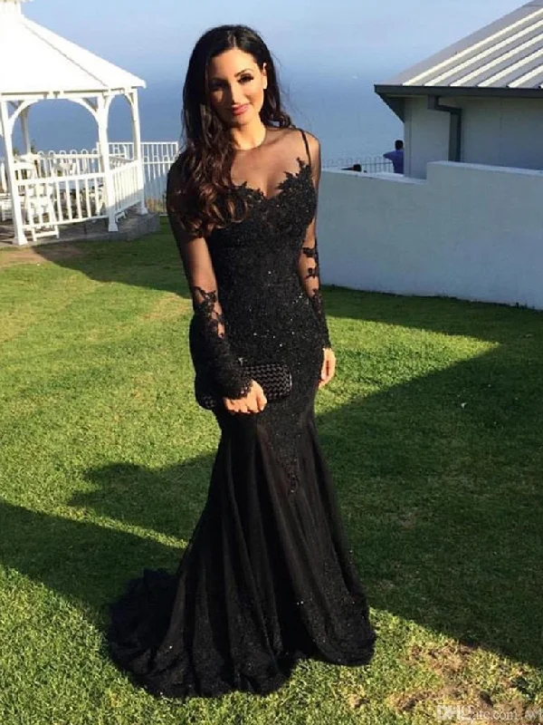 Online Exclusive casual dresscasual dressLong Sleeves Mermaid Lace Black Prom Dress, Lace Black Mermaid Formal Dress, Evening Dress, Party Dress