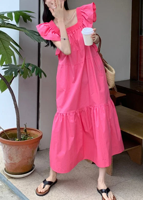 Holiday Sale casual midi dresscasual midi dressSolid Ruffle Backless Square Collar Casual Maxi Dress Pink
