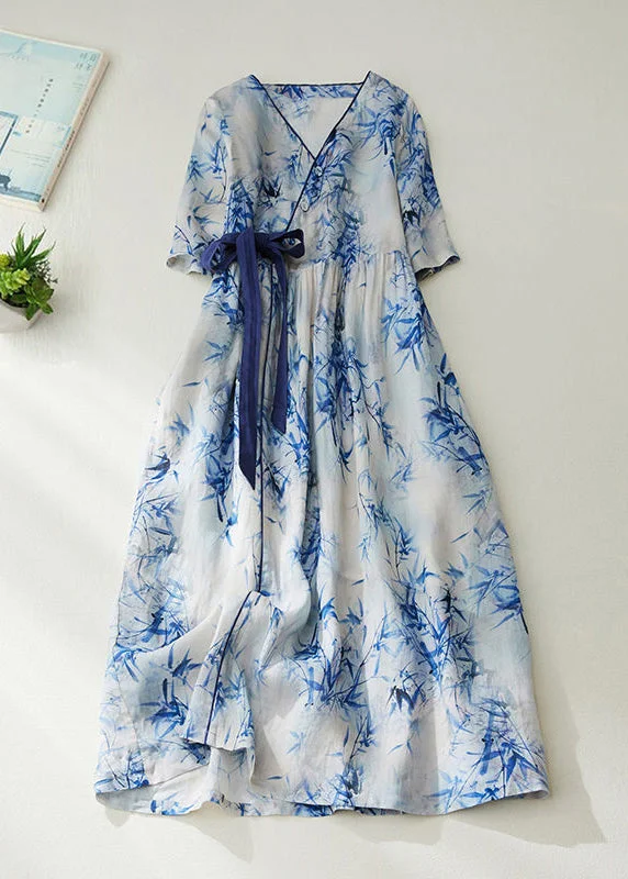 Super Bargain layered dresslayered dressWomen Blue V Neck Tie Waist Print Linen Cinched Dress Summer