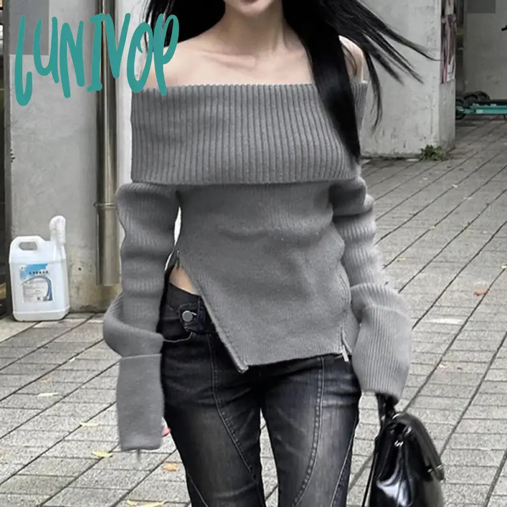 Best Bargains Lunivop Y2k Korean Fashion Off Shoulder Knitted Sweater Women Slash Neck Slim Pullover Winter Elegant Casual Warm Knitwear Jumper Tops