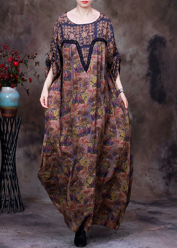 silk dressChic Coffee O-Neck Lace Patchwork Print Silk Dresses Long Sleeve