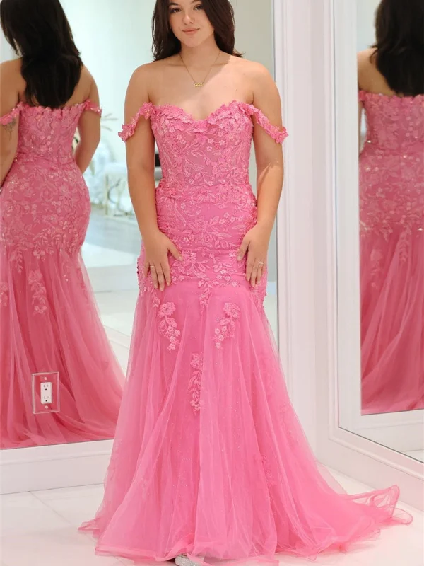 Unbeatable Prices off-the-shoulder dressoff-the-shoulder dressOff Shoulder Mermaid Pink Lace Long Prom Dresses with Appliques, Mermaid Pink Formal Dresses, Pink Lace Evening Dresses SP2850