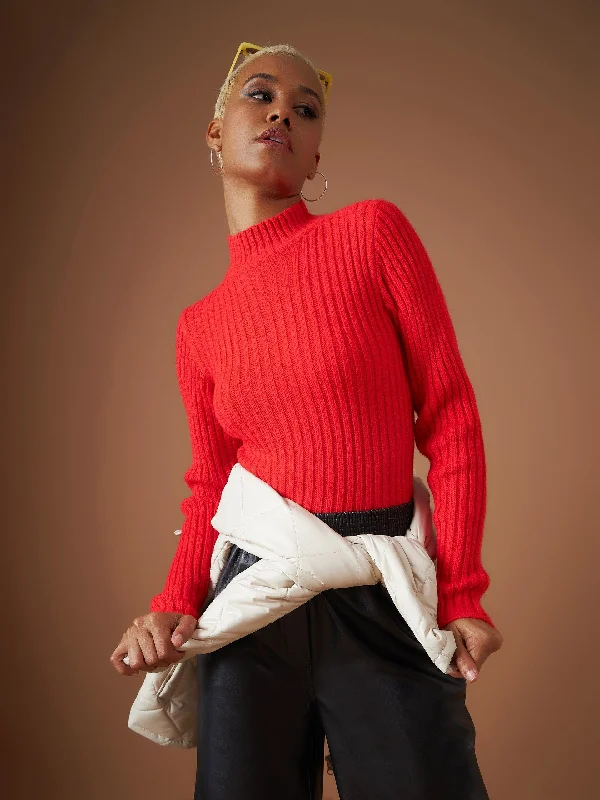 Exclusive Access modern sports hoodieWomen Red Rib Full Sleeves High Neck Sweater