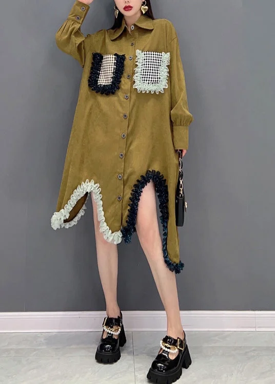 Hurry In comfy dresscomfy dressFrench Khaki Peter Pan Collar Patchwork Button Long Shirts Dress Spring