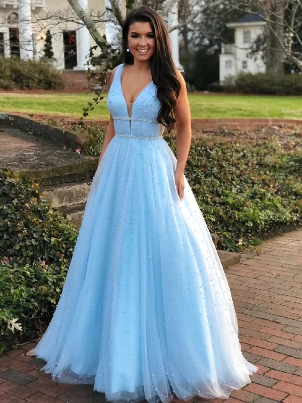 Price Break bohemian dressbohemian dressA Line V Neck Beading Light Blue Long Prom Dresses with Beaded Belt, Blue Formal Dresses, Evening Dresses