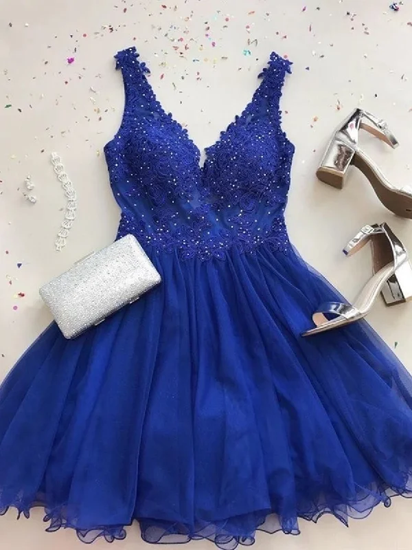 New Deals flowy evening dressflowy evening dressA Line V Neck Beaded Lace Royal Blue Short Prom Dresses Homecoming Dresses, Royal Blue Lace Formal Dresses, Lace Evening Dresses