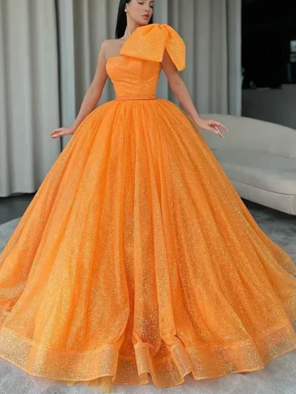 YEAR-End Sale backless dressbackless dressShiny Tulle One Shoulder Orange Long Prom Dresses, Orange Tulle Formal Evening Dresses, Ball Gown SP2623
