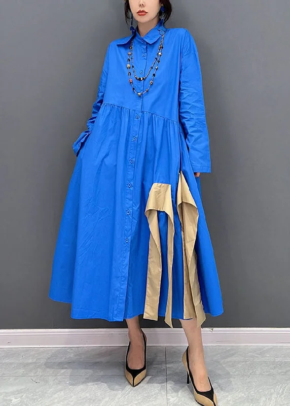 satin dressArt Blue Asymmetrical Design Patchwork Cotton Maxi Dresses Fall