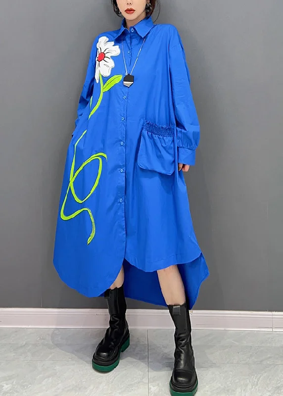 Final Clearance elegant dresselegant dressFashion Blue Peter Pan Collar Asymmetrical Print Button Maxi Shirts Dress Long Sleeve