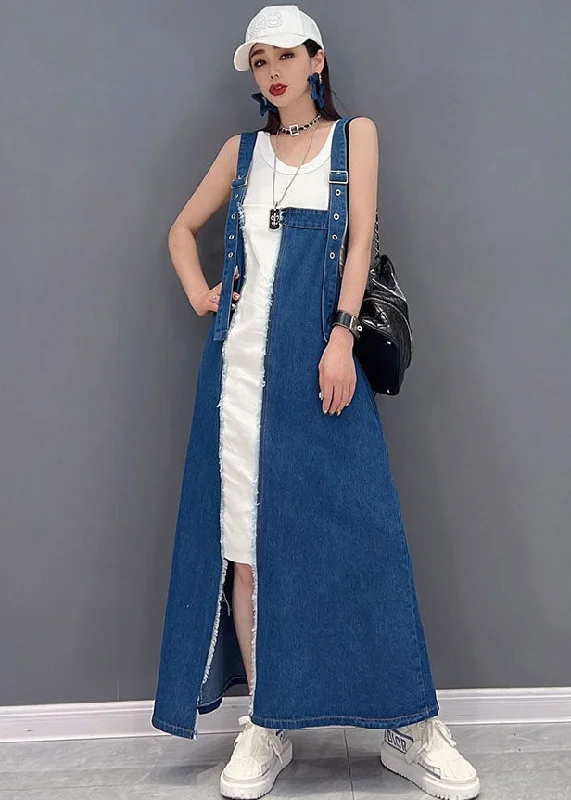 lace-up dressItalian Denim Blue Patchwork Cotton Fake Two Piece Strap Dresses Summer