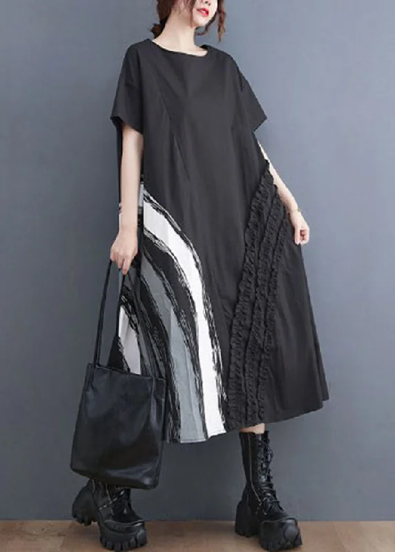 Discount Deals off-the-shoulder dressoff-the-shoulder dressModern Black O-Neck Ruffled Print Cotton A Line Dress Short Sleeve
