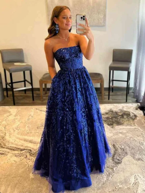 Special Offer lace dresslace dressStrapless Navy Blue Lace Long Prom Dresses with Pocket, Navy Blue Lace Formal Dresses, Navy Blue Evening Dresses SP2877
