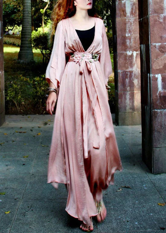 TIME-Limited Offer off-shoulder dressoff-shoulder dressWomen Light Pink V Neck Asymmetrical Exra Large Hem Silk Beach Cinch Dress Spring
