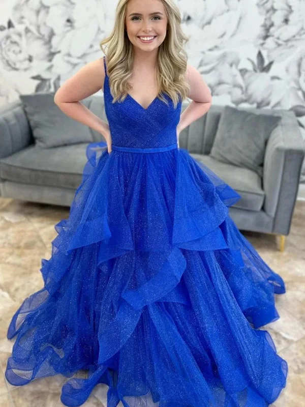 Clearance Sale tiered dresstiered dressShiny V Neck Blue Tulle Long Prom Dresses, Fluffy Blue Formal Evening Dresses, Blue Ball Gown SP2830