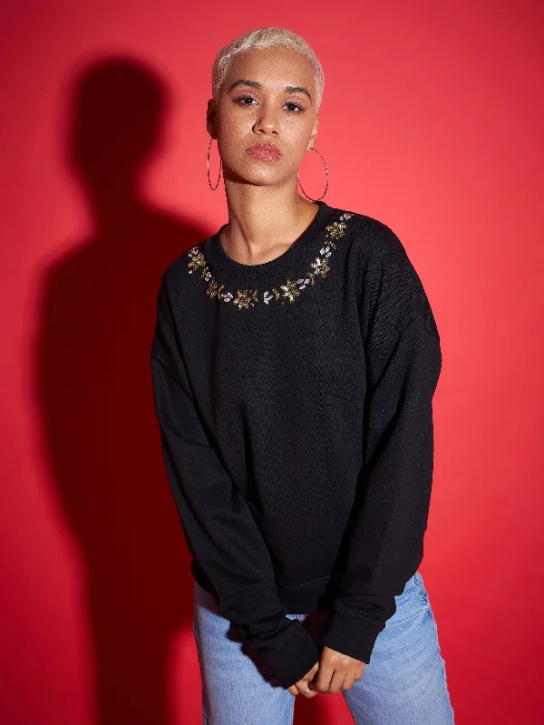 Unbeatable Prices fashionable gym hoodieWomen Black Terry Neck Embroidered Oversized Sweatshirt Unbeatable Prices fashionable gym hoodieWomen Black Terry Neck Embroidered Oversized Sweatshirt