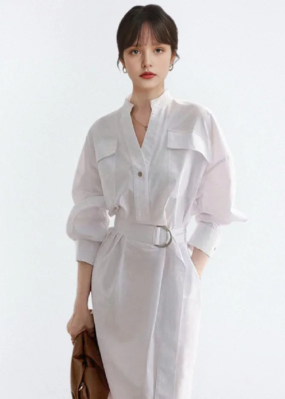 trendy dressWomen White V Neck Tie Waist Cotton Shirts Dress Fall