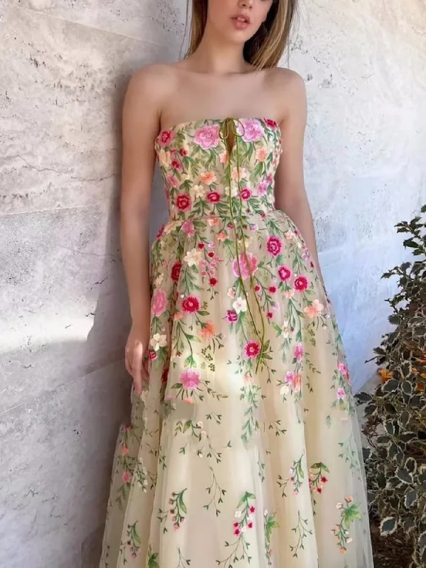 Price Blitz elegant evening dresselegant evening dressStrapless Embroidery Lace Floral Champagne Prom Dresses, Strapless Champagne Homecoming Dresses, Floral Lace Formal Evening Dresses SP2731