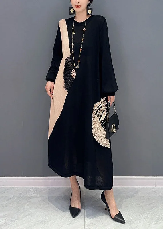 fitted dressBlack Patchwork Knit Long Dresses O-Neck Ruffled Summer