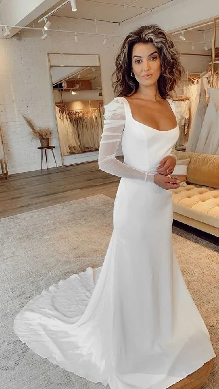 oversized dressFit and Flare Sheer Long Sleeve Square Neckline Wedding Dress