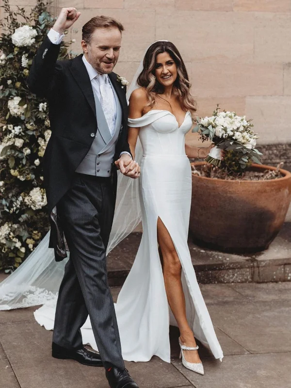 Stock Clearance party dressparty dressOff Shoulder Mermaid White Long Prom Dresses with High Slit, Mermaid White Formal Dresses, White Evening Dresses SP2835