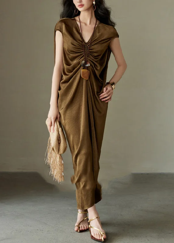 chic slip dressStylish Brown V Neck Cinched Silk Maxi Dresses Summer