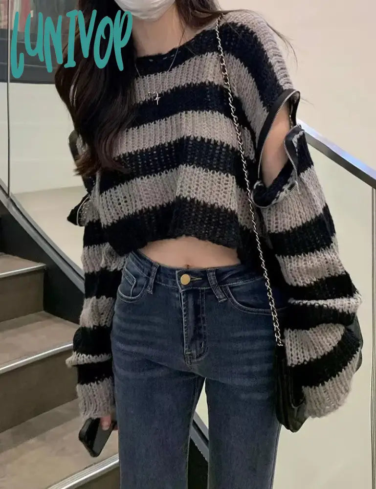 Savings Spectacular Lunivop E-girl Gothic Crop Sweater Striped Knitted Pullovers Punk Zipper 2000s Y2K Vintage Harajuku Grunge Jumpers Autumn Spring Clothes